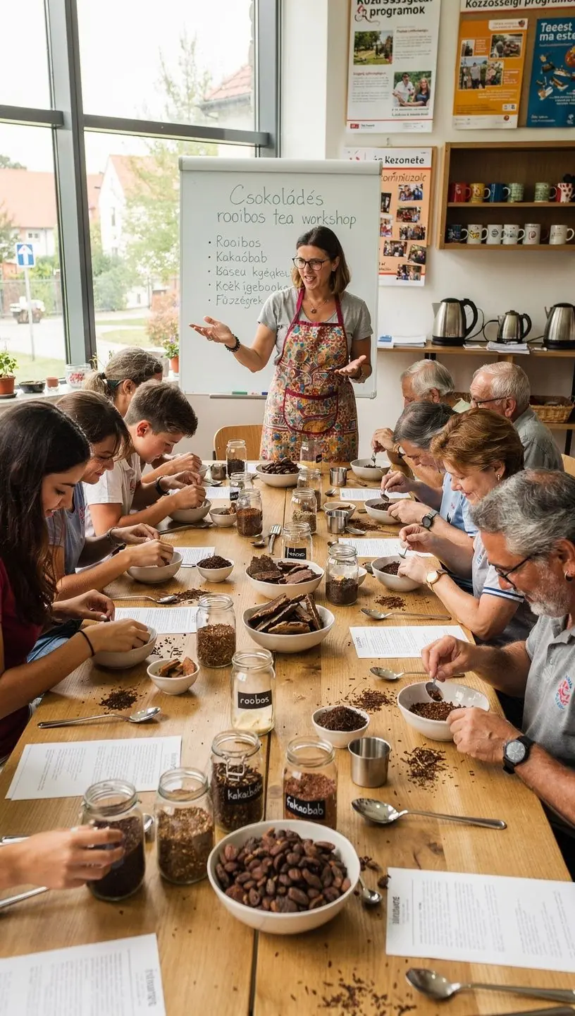 Rooibos tea levél és kakaó szemek szépen elrendezve egy fehér tányéron.