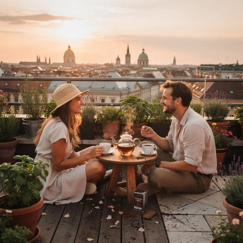 Friss gyümölcsök és csokoládédarabkák körülölelik a rooibos teát.